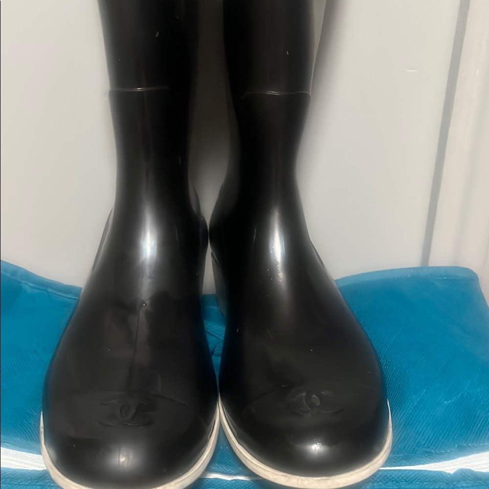 Black Chanel Rain Boots with Logo